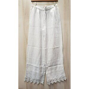Saint Tropez West 100% Linen Pants, White, Wide Leg, Lace Trim, Medium, 31" in